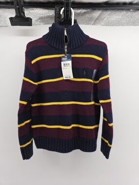 Ralph Lauren Men's Half-Zip Striped Cotton Sweater - Navy/Burgundy/Yellow